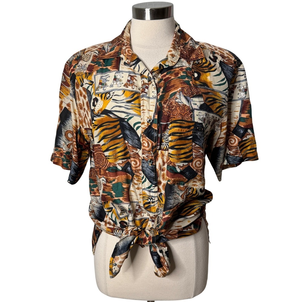 Vintage Clio Silk Safari Animal Print Button Up Blouse Top Womens Medium Tiger
